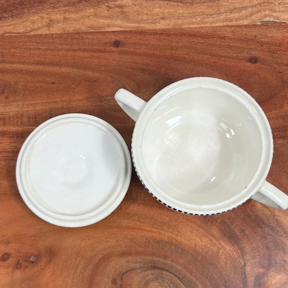 Vintage Currier & Ives Blue Steamboat Sugar Bowl with Lid Ceramic Transferware